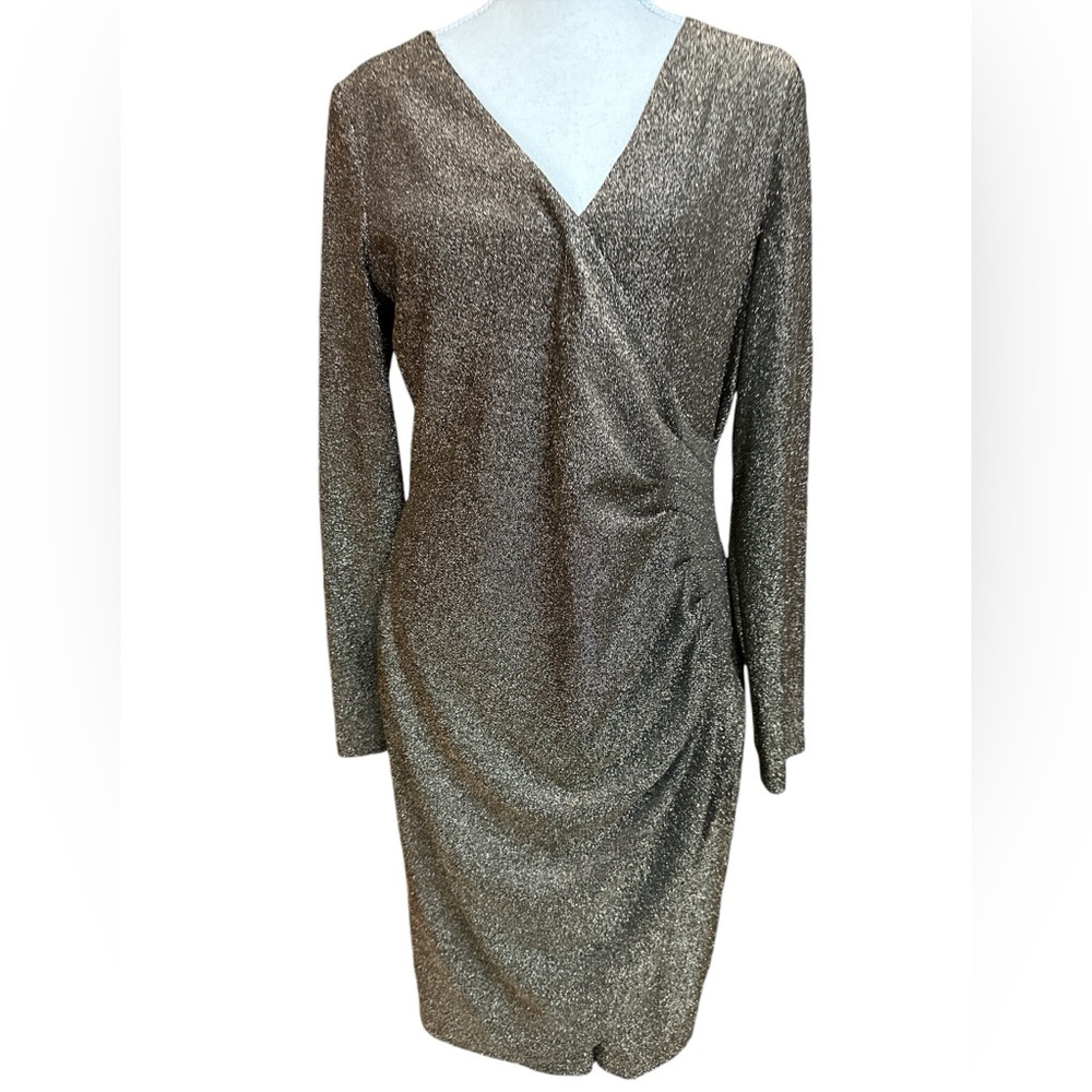 DKNY Side Ruched Faux Wrap Long Sleeve V-Neck Black Gold Glitter Dress Size 12